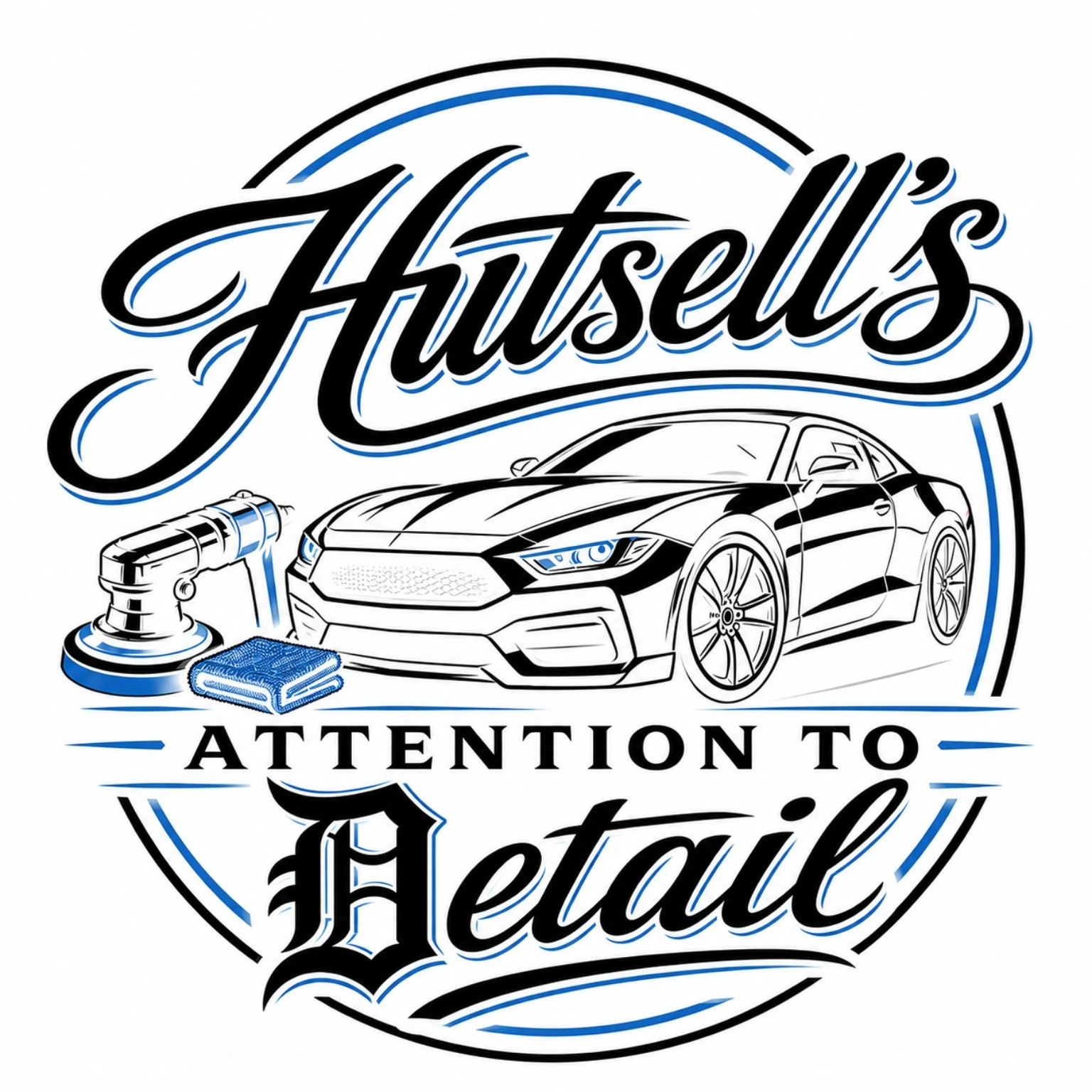 Hutsell's Attention to Detail black, blue and white logo
